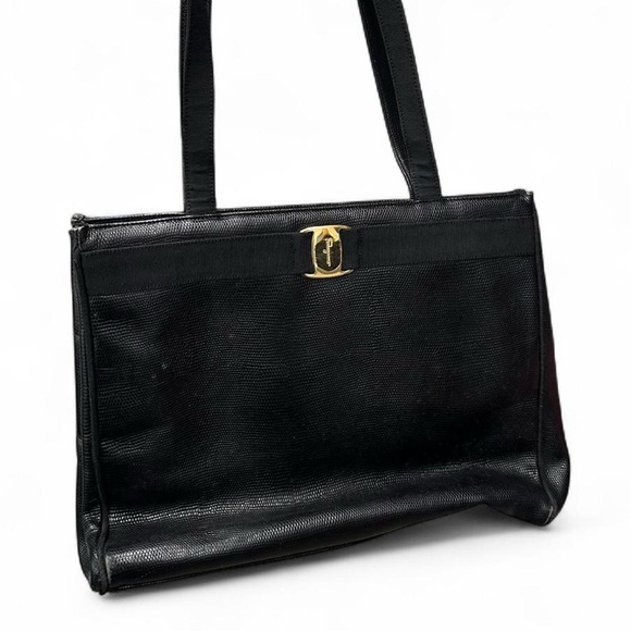 Black Leather Salvatore Ferragamo Vara Lizard Textured Handbag - Picture 4 of 8